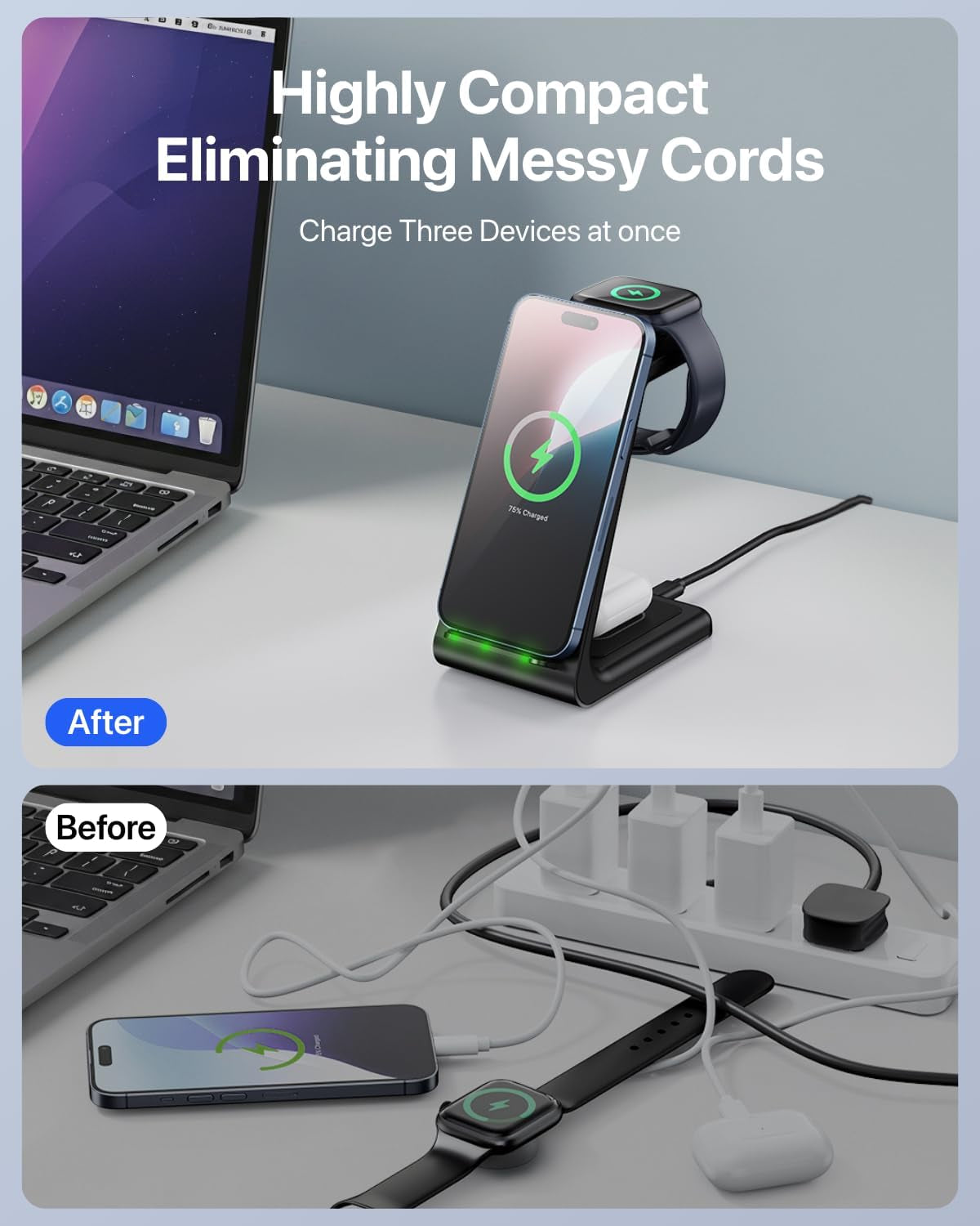3 in 1 Wireless Charging Station for Iphone and Apple Watch,Fast Wireless Charger Stand,Compact Desk Charging Dock for Iphone17 16 15 14 13/Pro/Max, Iwatch11 10 9 Ultra/Se 3/3,Airpods