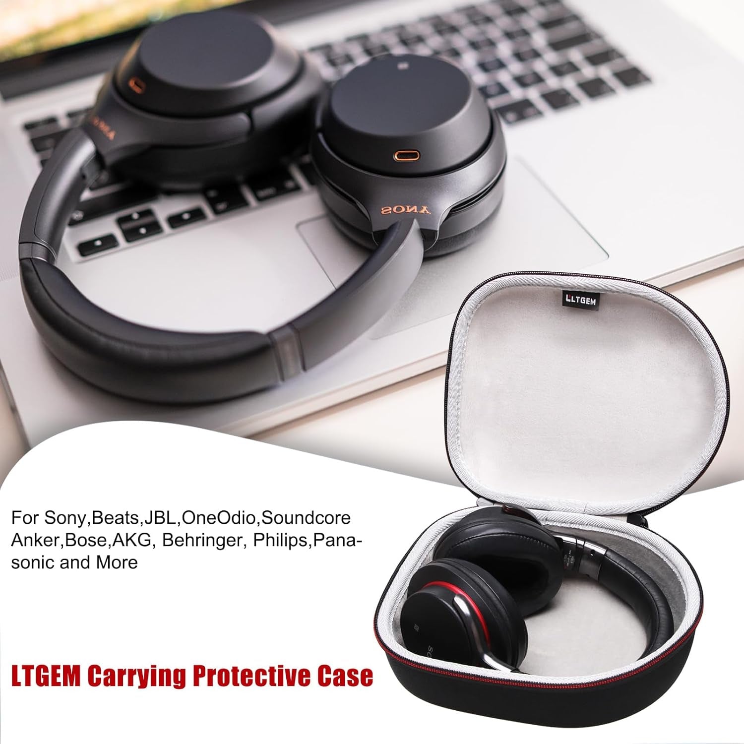 Headphone Headset Case Compatible with Audio-Technica Ath-M20X/Jbl/Raycon/Soundcore Anker/Sony/Beats/Jlab/Tozo/Logitech/Beribes/Kvidio Headphones, Large Headphone Case Hard Shell(Black+Grey)