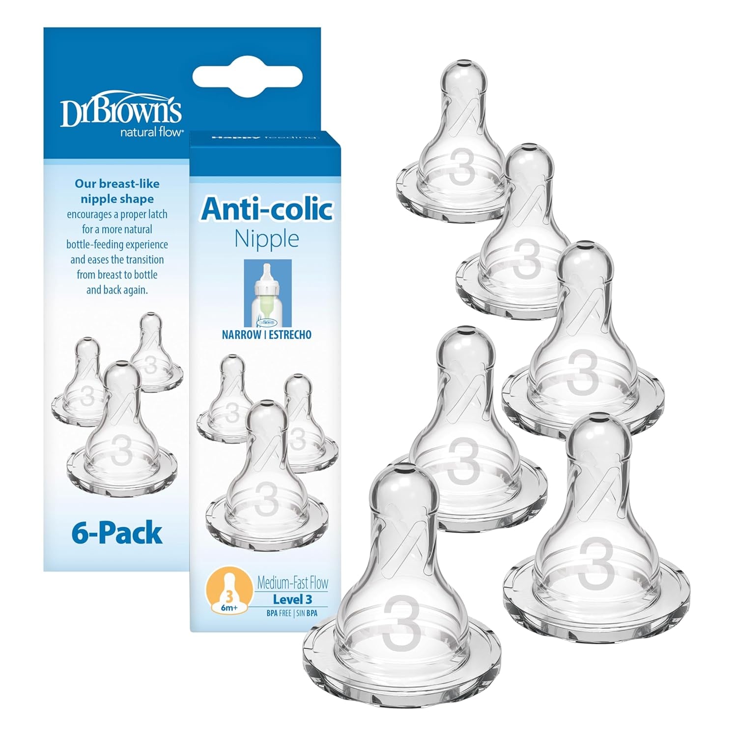 Dr. Brown’S Natural Flow Level 2 Narrow Baby Bottle Silicone Nipple, Medium Flow, 3M+, 100% Silicone Bottle Nipple, 6 Count