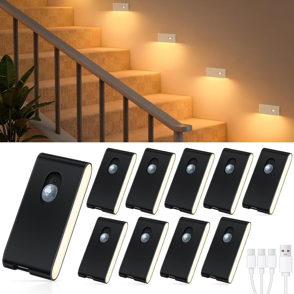 Motion Sensor Night Light, Rechargeable Stair Lights Indoor, Warm White Motion Sensor Light Indoor, Battery Operated Night Light for Hallway, Stairway, Bathroom, Bedroom, Kitchen, 6 Pack