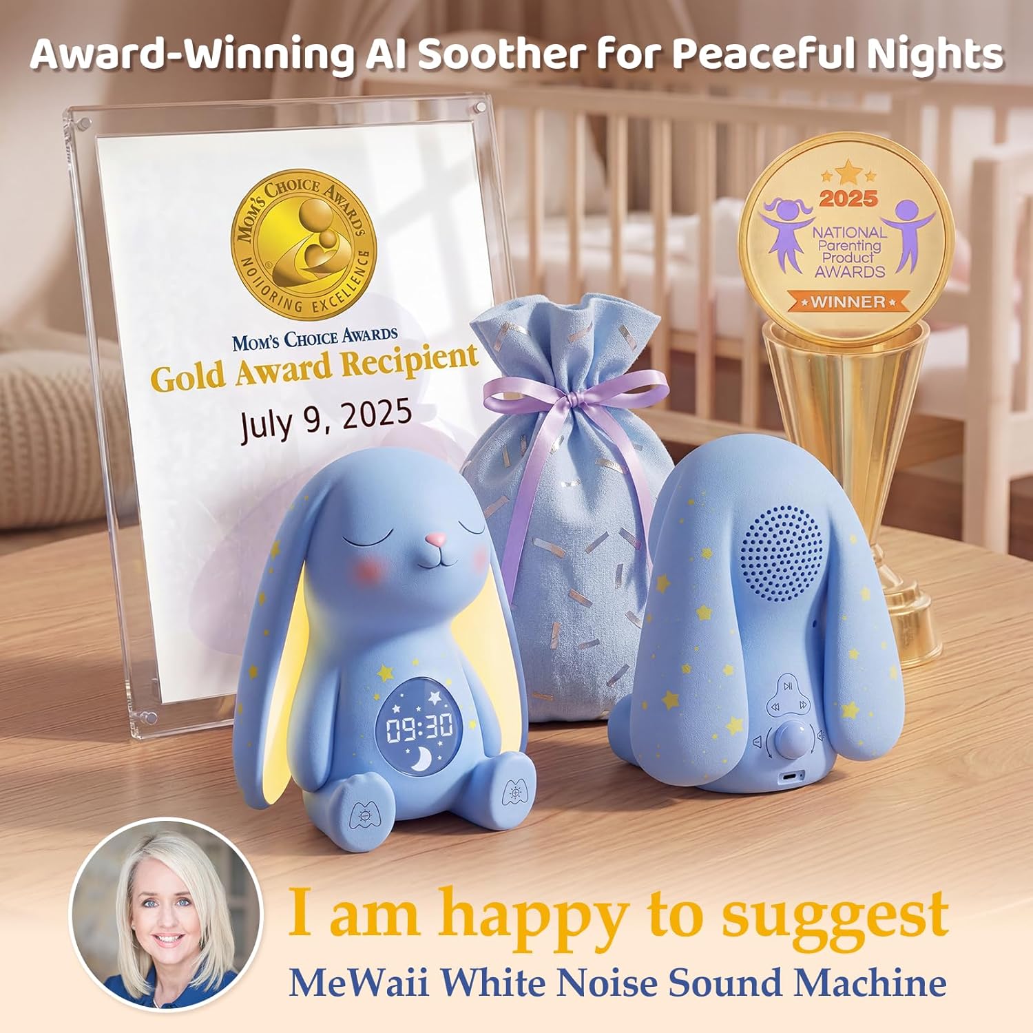 Mom'S Choice Awards丨Bunny White Noise Sound Machine Baby for Sleep- AI Cry Detection, 100 Soothing Sounds, Full APP Access Included, Newborn Baby Boy Gifts, Night Light & Sleep Trainer, New Mom Gift
