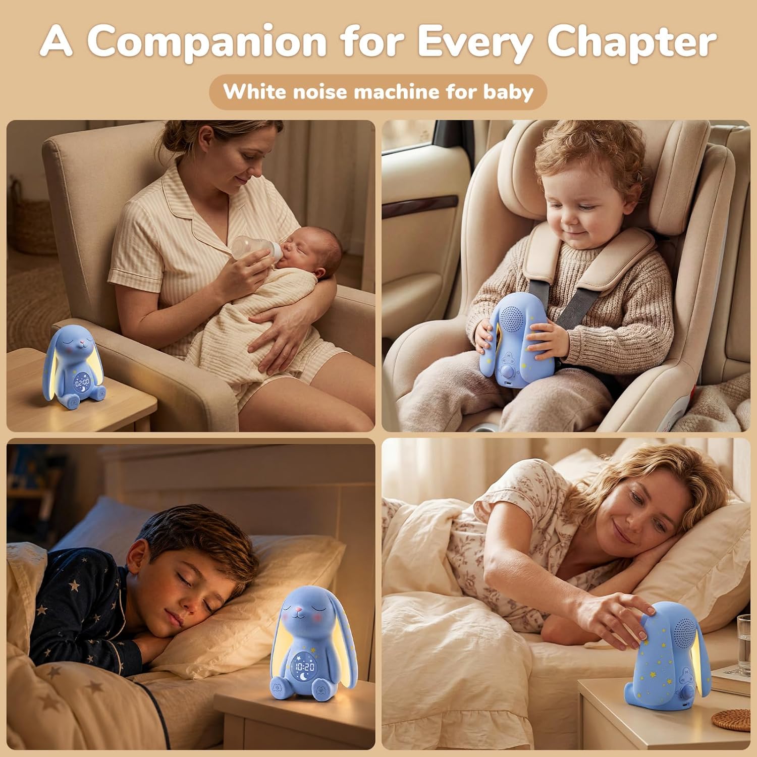 Mom'S Choice Awards丨Bunny White Noise Sound Machine Baby for Sleep- AI Cry Detection, 100 Soothing Sounds, Full APP Access Included, Newborn Baby Boy Gifts, Night Light & Sleep Trainer, New Mom Gift