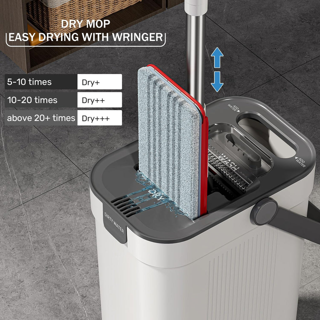 Mop and Bucket Set, 3-Tank Flat Mop and Bucket System for Separate Dirty & Clean Water, 65" Mops for Floor Cleaning with 4 Washable Pads, Safe for Hardwood, Vinyl, Tile, Baseboards, Walls