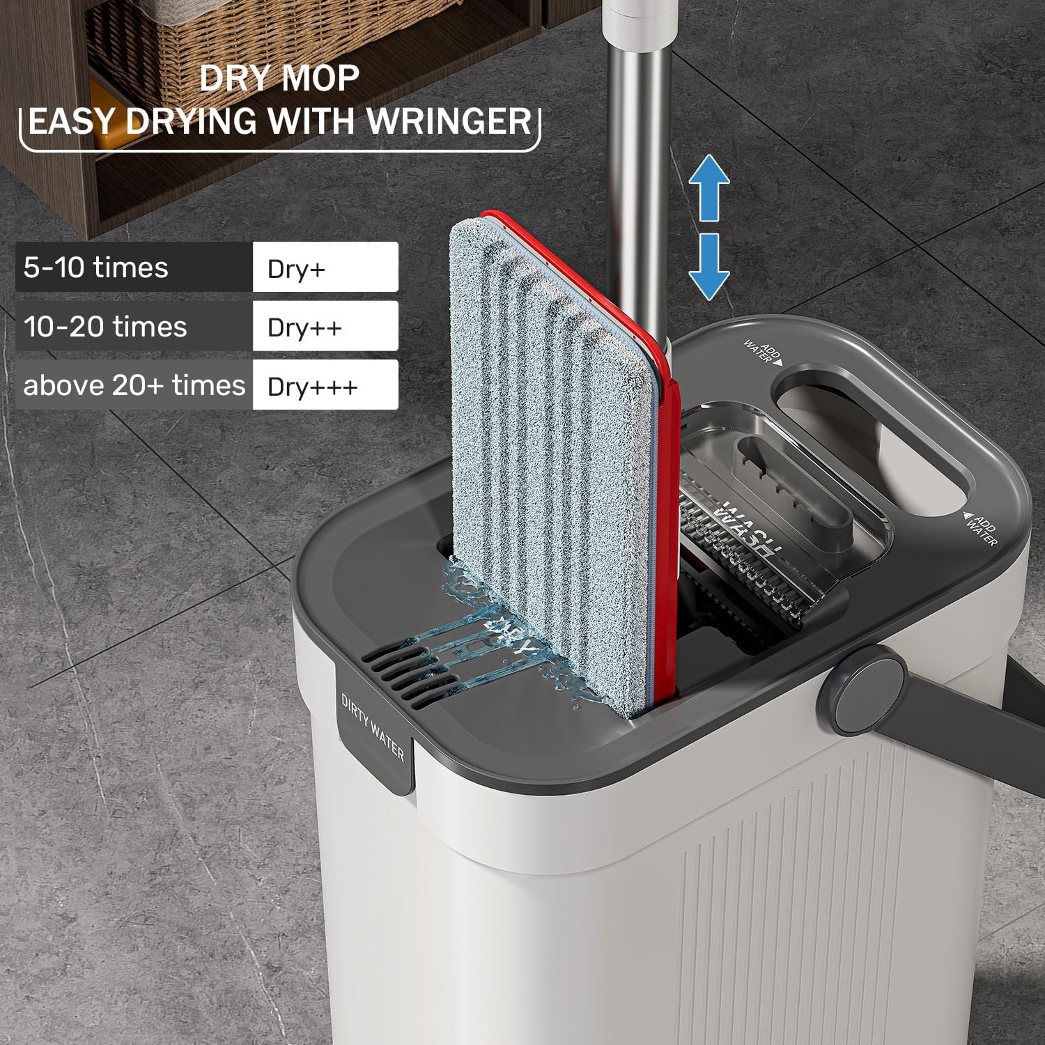 Mop and Bucket Set, 3-Tank Flat Mop and Bucket System for Separate Dirty & Clean Water, 65" Mops for Floor Cleaning with 4 Washable Pads, Safe for Hardwood, Vinyl, Tile, Baseboards, Walls