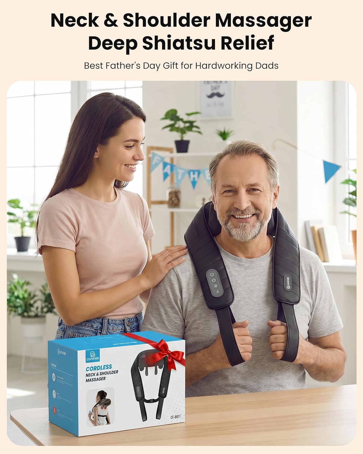 Cordless Neck Massager with Heat, 4D Kneading Shiatsu Neck and Shoulder Massager Deep Tissue, Hands-Free Straps, FSA Eligible HSA, Father Day Gift for Dad