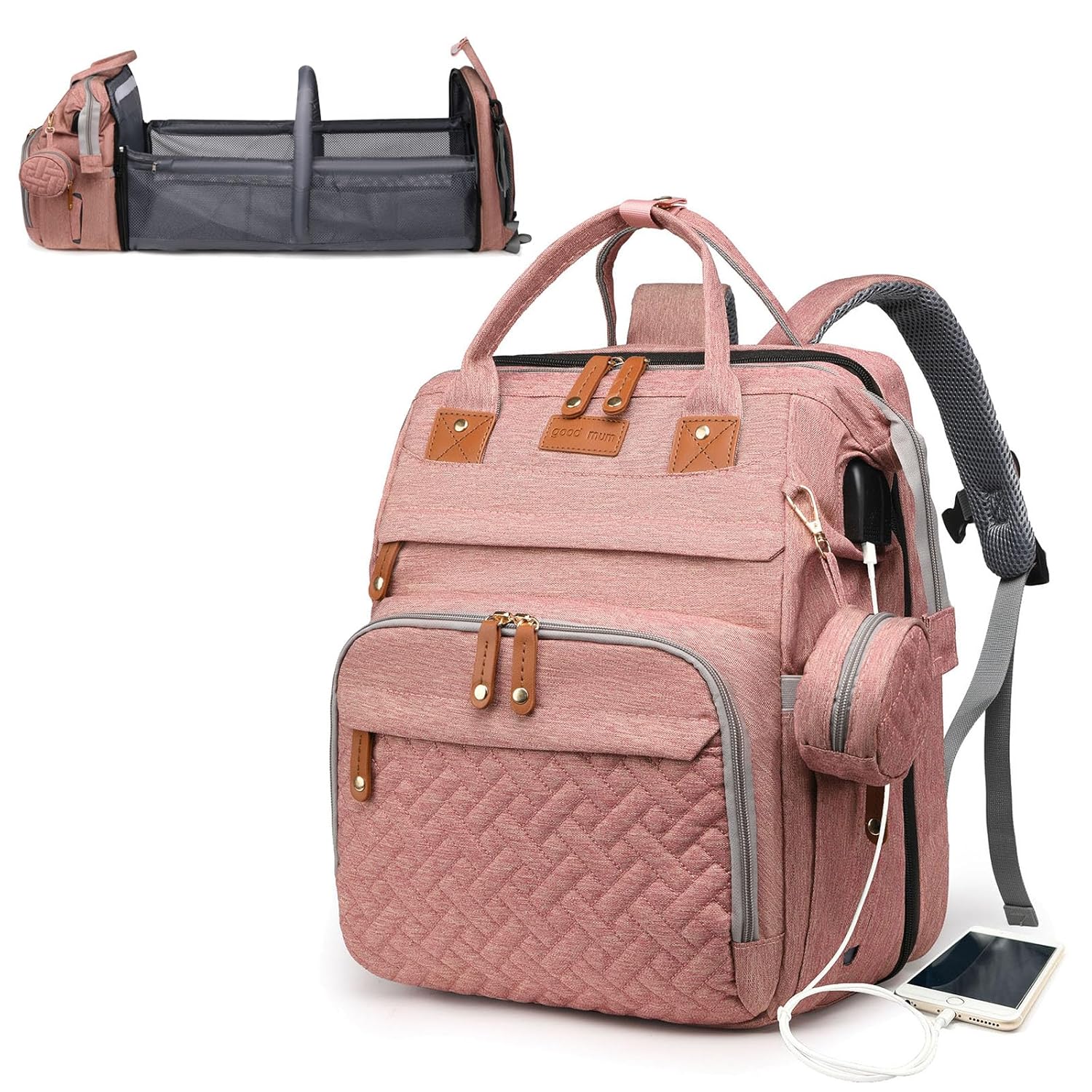 Baby Diaper Bag with Changing Station, Waterproof Diaper Bag Backpack for Moms Dads with USB Charging Port, Baby Shower Gifts, Large Capacity Diaper Backpack, Grey