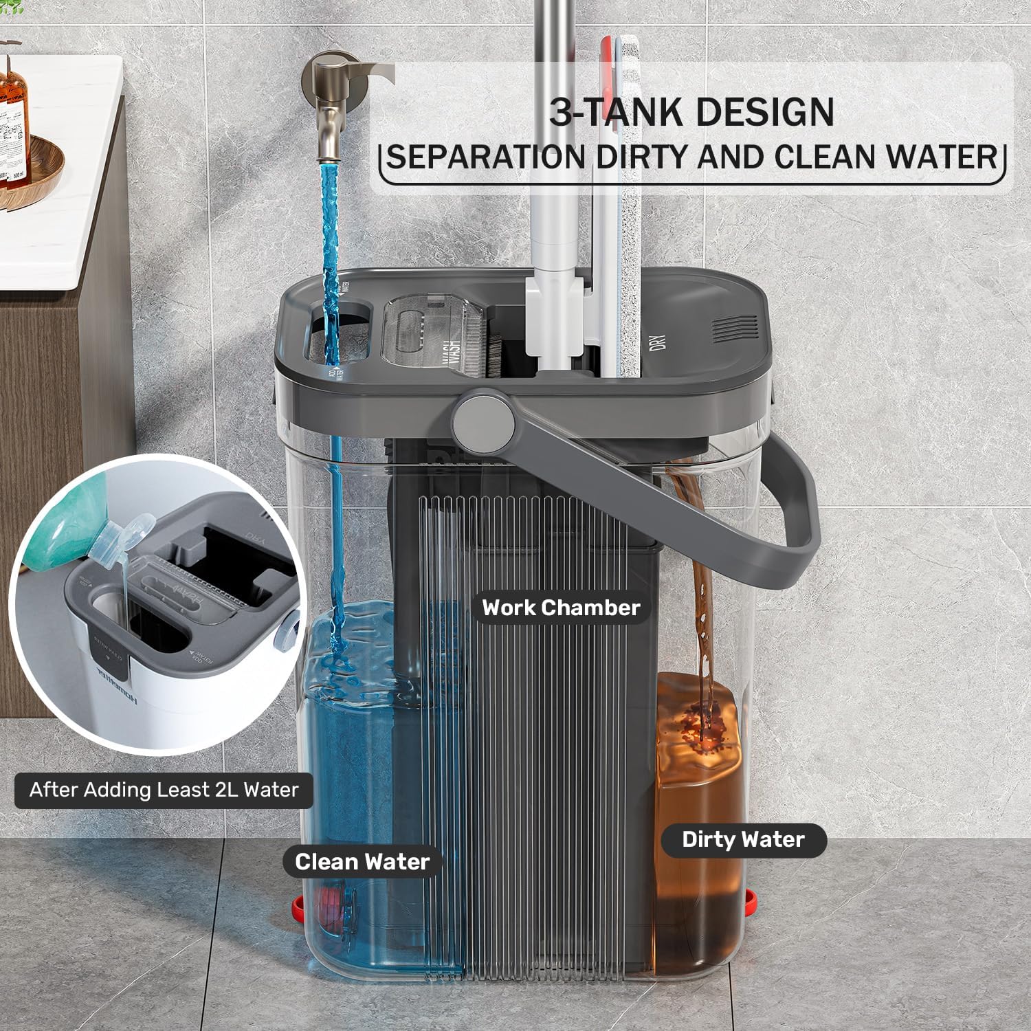 Mop and Bucket Set, 3-Tank Flat Mop and Bucket System for Separate Dirty & Clean Water, 65" Mops for Floor Cleaning with 4 Washable Pads, Safe for Hardwood, Vinyl, Tile, Baseboards, Walls