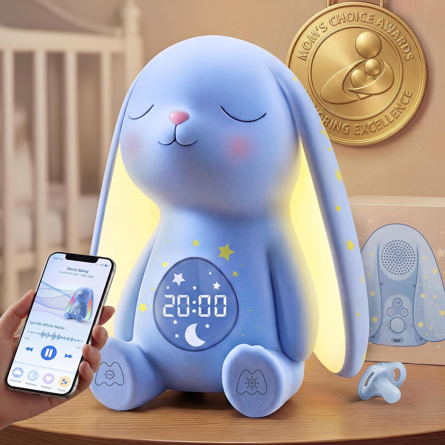 Mom'S Choice Awards丨Bunny White Noise Sound Machine Baby for Sleep- AI Cry Detection, 100 Soothing Sounds, Full APP Access Included, Newborn Baby Boy Gifts, Night Light & Sleep Trainer, New Mom Gift