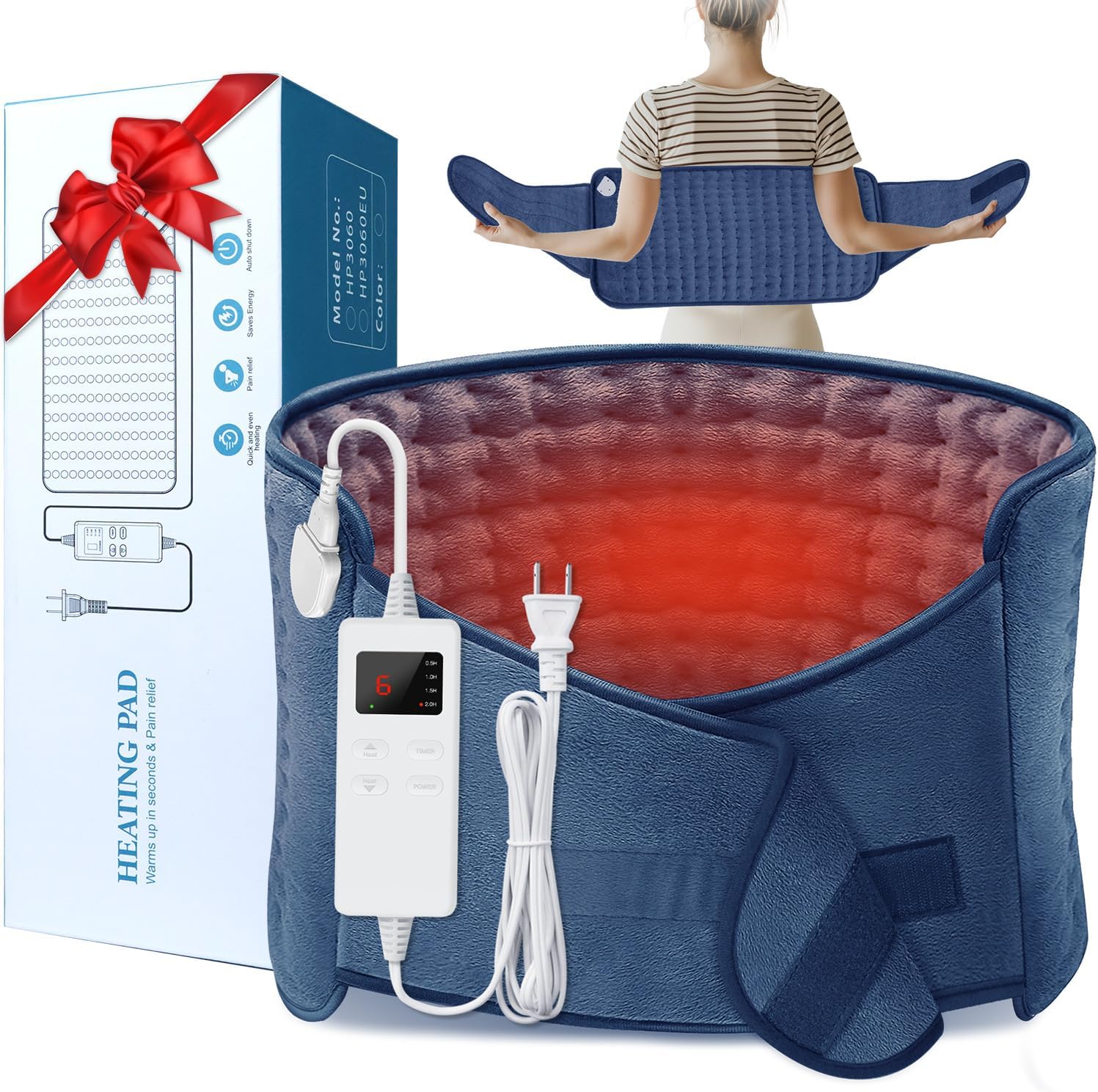 Heating Pad for Back Pain Relief, Electric Heating Pad for Period Cramps Neck Shoulders with Belt, 4 Timer 6 Heat Setting & Auto Shut Off, 12"X24"+20" Large Moist Heat Pad for Mom,Dad