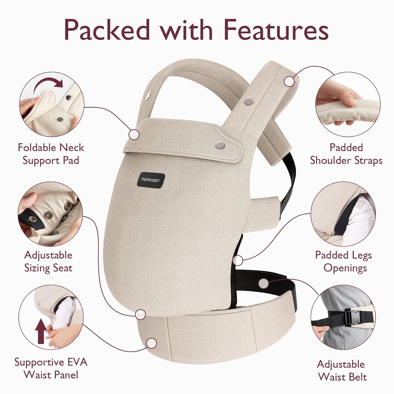 Baby Carrier - Ergonomic, Cozy and Lightweight Carrier for 7-45Lbs, Effortless to Put On, Ideal for Hands-Free Parenting, Enhanced Lumbar Support, Purehug for Infant to Toddler, Khaki