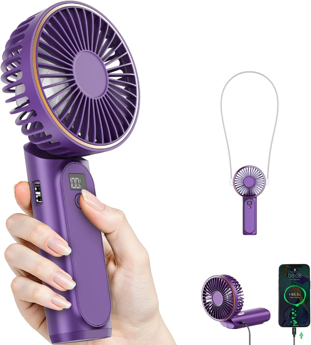Portable Handheld Fan, Portable Fan Rechargeable, 4000Mah, 180° Adjustable, 6 Speed Wind, Display Electricity in Real Time, USB Rechargeable Foldable F An, Quiet Personal Fan with Power Bank