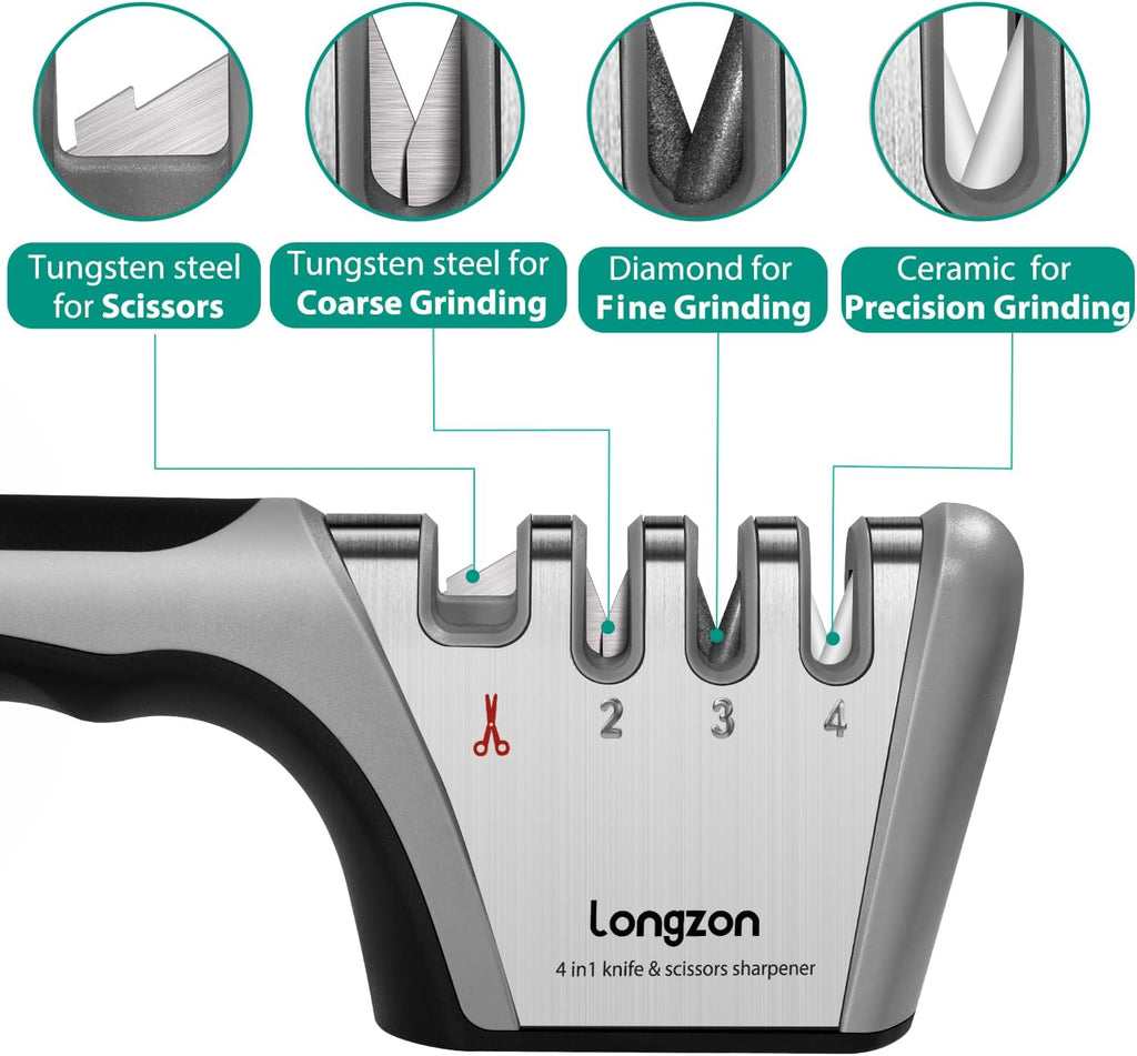 5-In-1 Knife Sharpener 4 Stage with Cut-Resistant Glove, Quickly Sharpens & Restores Dull Blades, Easy & Safe for Home Kitchen Use, Fits Most Knives and Scissors, Black+Silver