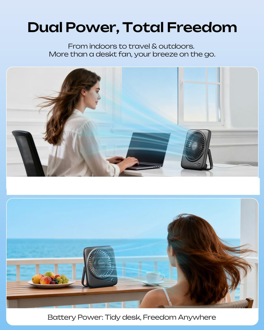 Personal Portable Desk Fan, 4000Mah Small Rechargeable Portable Fan Battery Operated & USB Powered for Travel Sleeping Bedroom Office Home Table, Cordless, Quiet, 4-Speed, 6.5 Inch (Black)