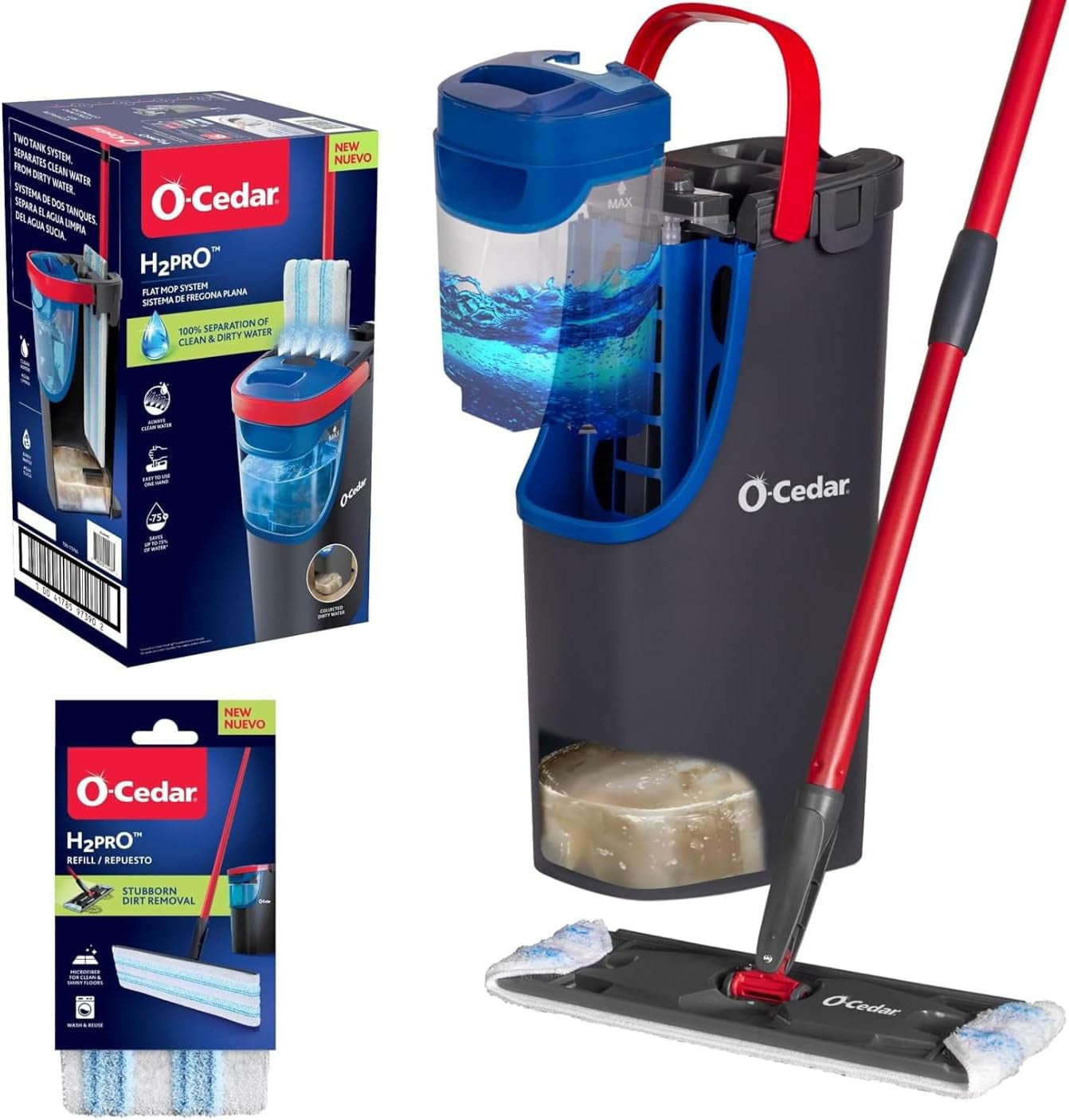 O-Cedar H2Pro Flat Mop System | Quick Everyday Cleaning | Dual-Tank Fresh Water System | Machine Washable Reusable Microfiber Mop Pad | Safe on Hardwood, Tile & Vinyl Floors