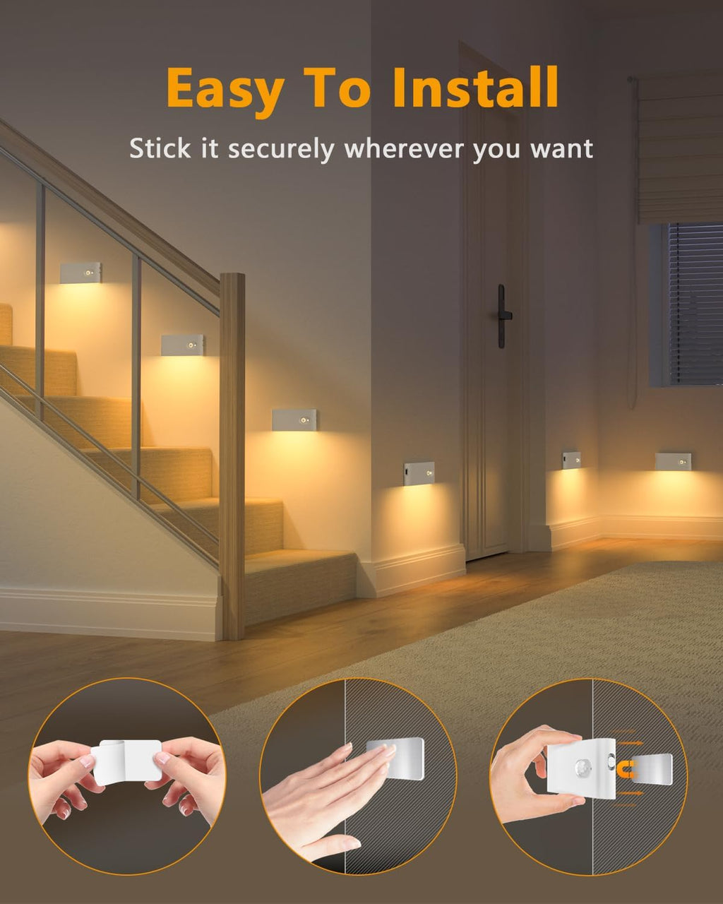 Stair Lights Indoor,Warm White Rechargeable Night Light,Wireless Motion Sensor Night Light,Battery Stick on Lights for Stairway,Hallway,Kitchen,Closet,Cabinet,Bedroom,Kids' Room(4-Pack)