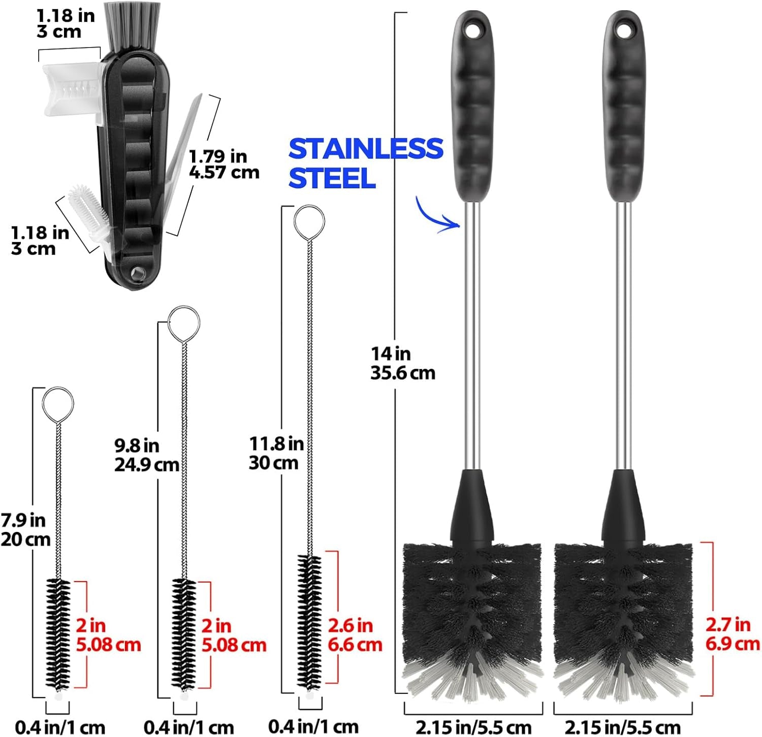 6 Pack Bottle Brush Set, 14" Long Handle Stainless Steel Bottle Cleaner Brush, 3 Straw Brushes, 4-In-1 Bottle Cleaning Brush for Water Bottle, Antistatic Lab Brushes Straws, Black