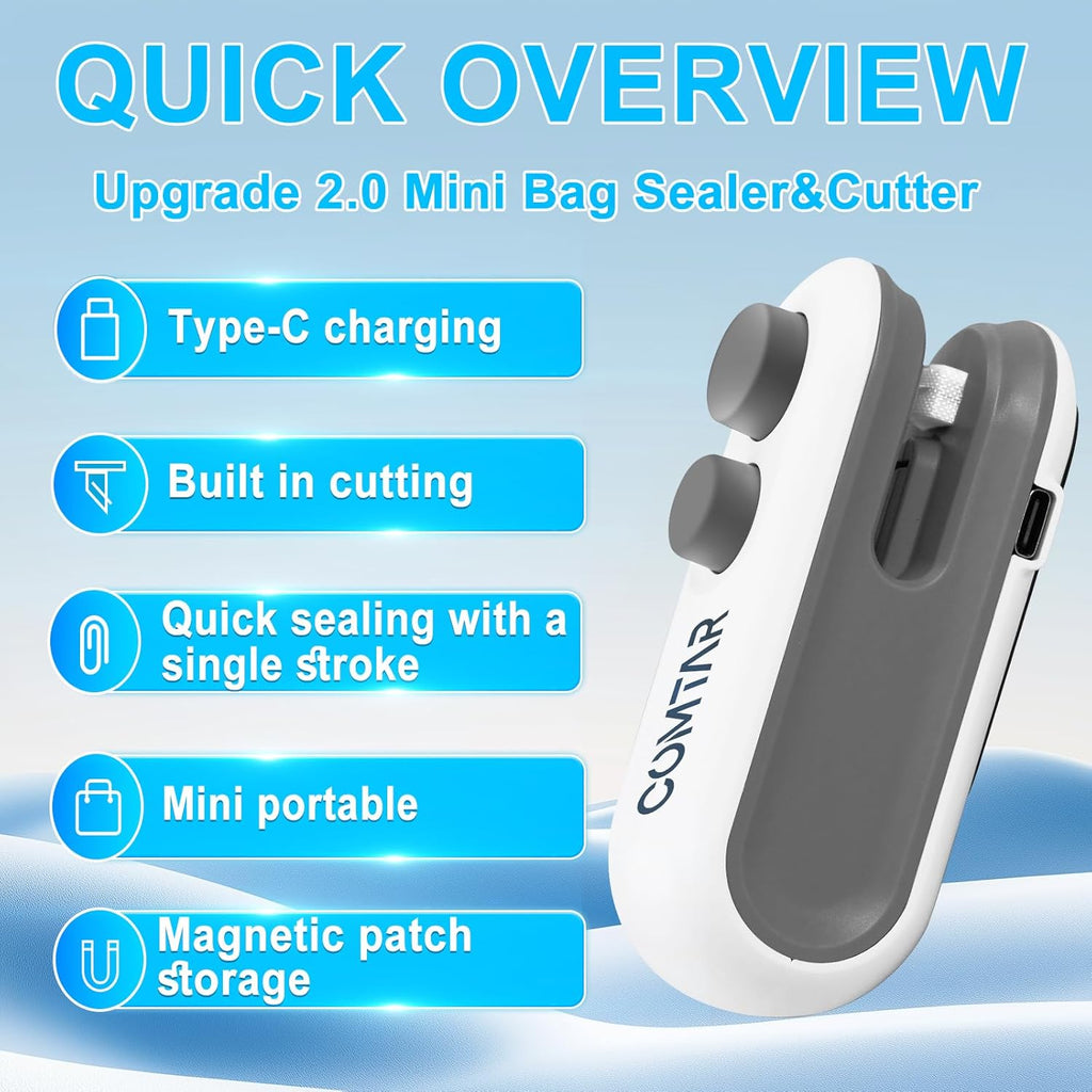 Mini Bag Sealer with Cutter and Magnet, 2 in 1 Rechargeable Vacuum Sealer Bag Heat Seal Machine with Sealer&Cutter for Plastic/Chip/Vacuum Sealer Bags (White 2.0)