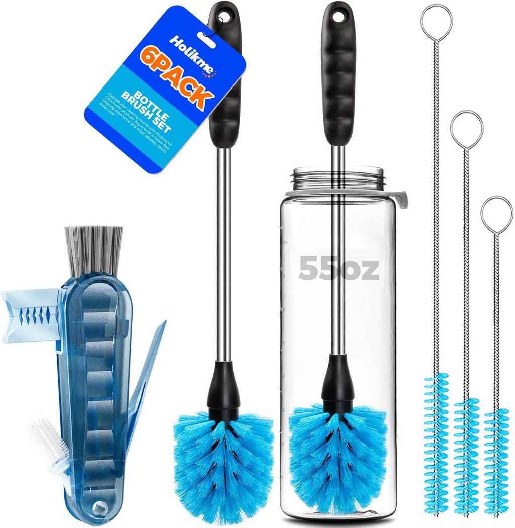 6 Pack Bottle Brush Set, 14" Long Handle Stainless Steel Bottle Cleaner Brush, 3 Straw Brushes, 4-In-1 Bottle Cleaning Brush for Water Bottle, Antistatic Lab Brushes Straws, Black
