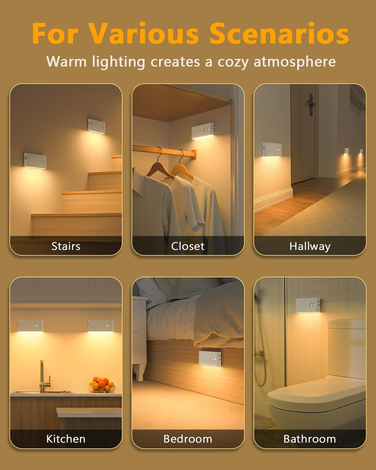 Stair Lights Indoor,Warm White Rechargeable Night Light,Wireless Motion Sensor Night Light,Battery Stick on Lights for Stairway,Hallway,Kitchen,Closet,Cabinet,Bedroom,Kids' Room(4-Pack)