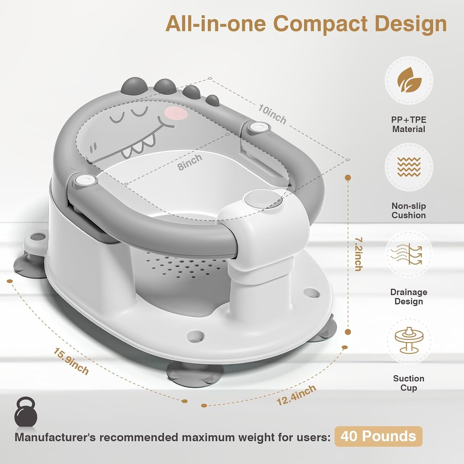 Baby Bath Seat for Babies 5 Months & up - Non-Slip Bath Seat for Sitting Up, Soft Cushion & Compact Design, Toddler Bathtub Seat