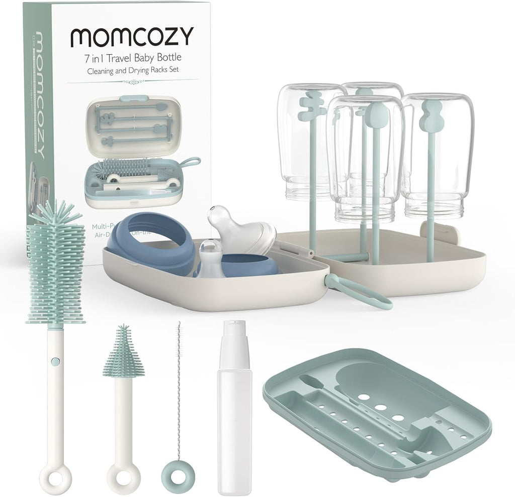 Bottle Brush Set - Baby Bottle Cleaner Kit with Silicone Brush, Nipple Brush, Straw Brush, Soap Dispenser, Drying Rack - 7 in 1 Bottle Cleaning Tool for Home and Travel, Green