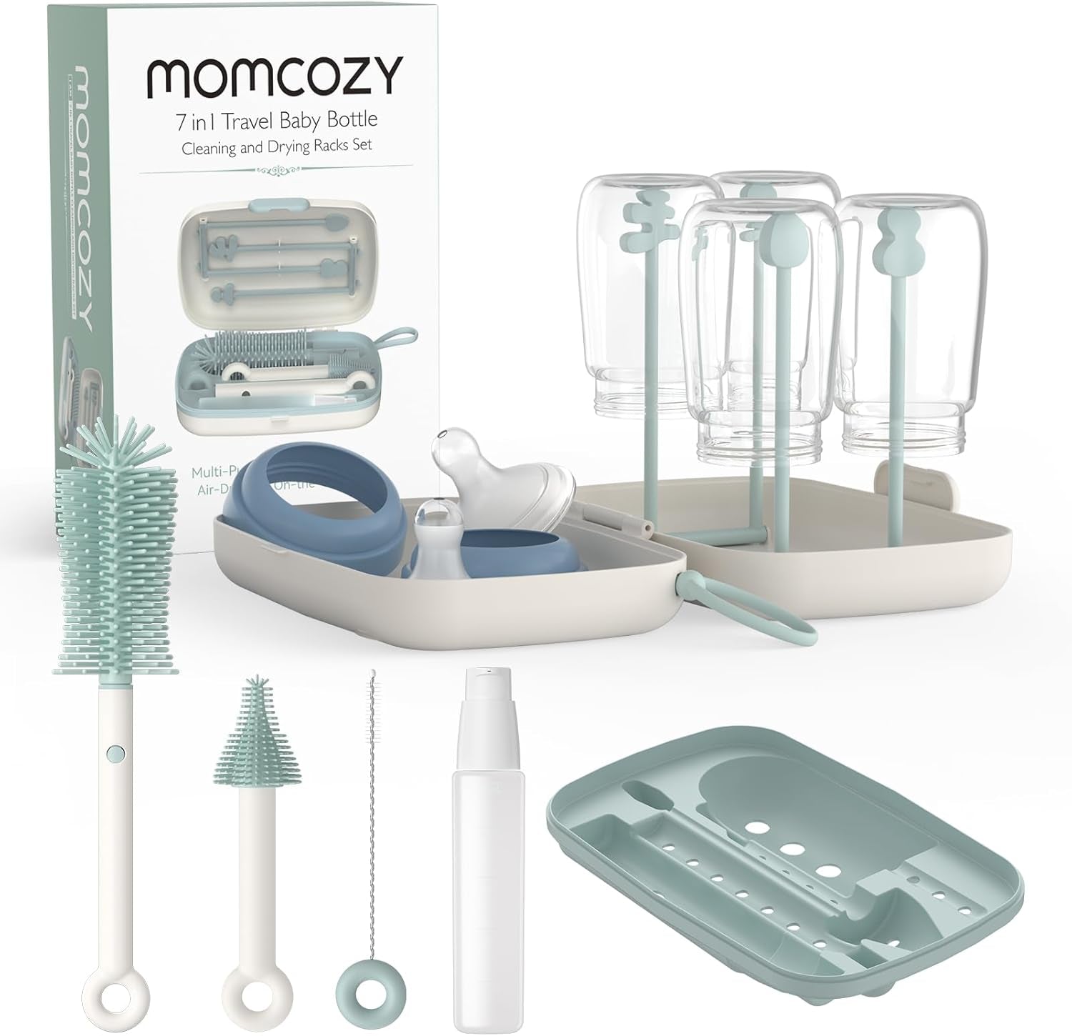 Bottle Brush Set - Baby Bottle Cleaner Kit with Silicone Brush, Nipple Brush, Straw Brush, Soap Dispenser, Drying Rack - 7 in 1 Bottle Cleaning Tool for Home and Travel, Green