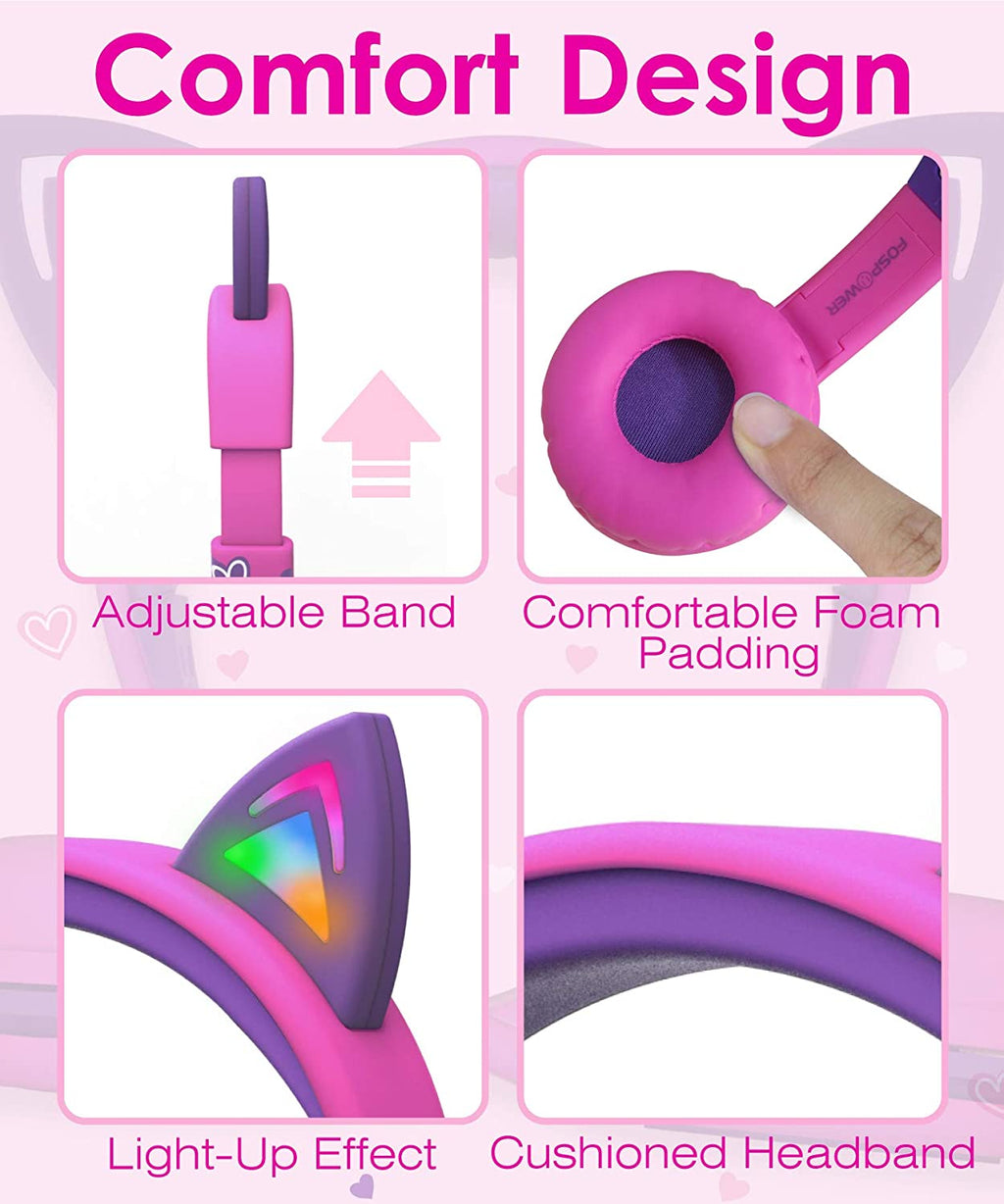 Kids Headphones with LED Cat Ears (85Db Safe Volume Limit), 3.5Mm Soft On-Ear Wired Headphones with Tangle-Free Laced Cables for Ipad/Tablet/School/Travel - Hot Pink/Purple