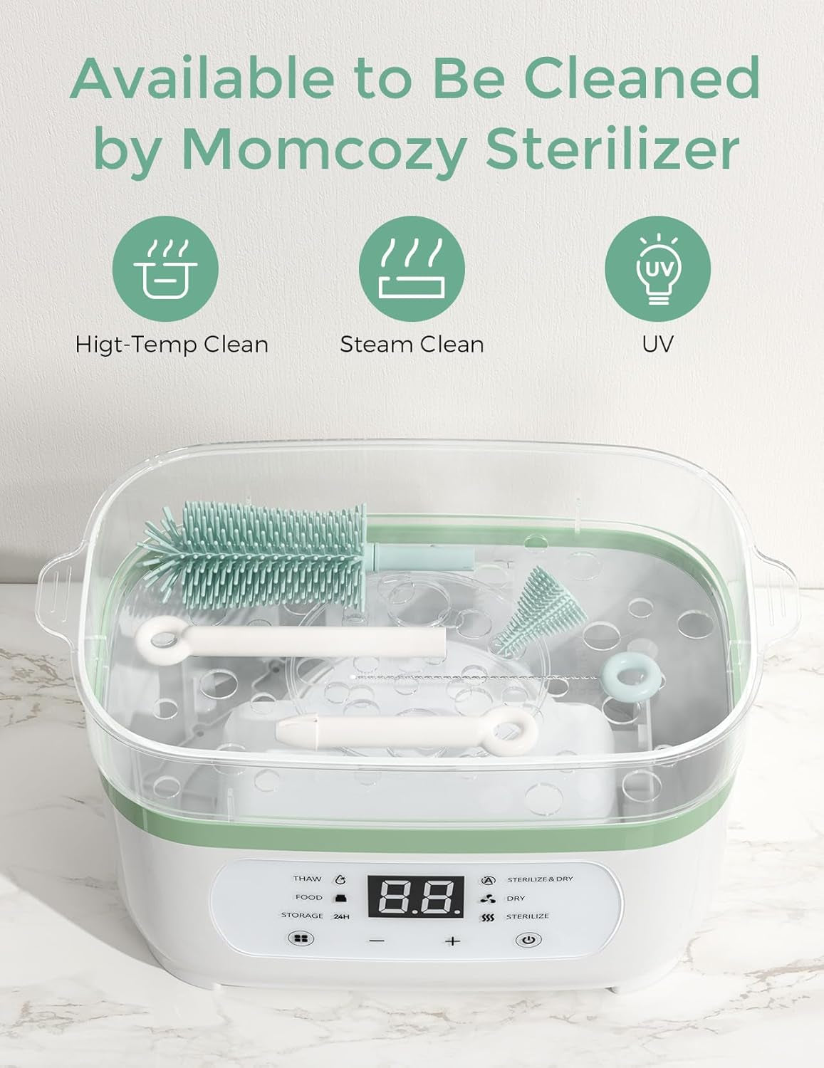 Bottle Brush Set - Baby Bottle Cleaner Kit with Silicone Brush, Nipple Brush, Straw Brush, Soap Dispenser, Drying Rack - 7 in 1 Bottle Cleaning Tool for Home and Travel, Green