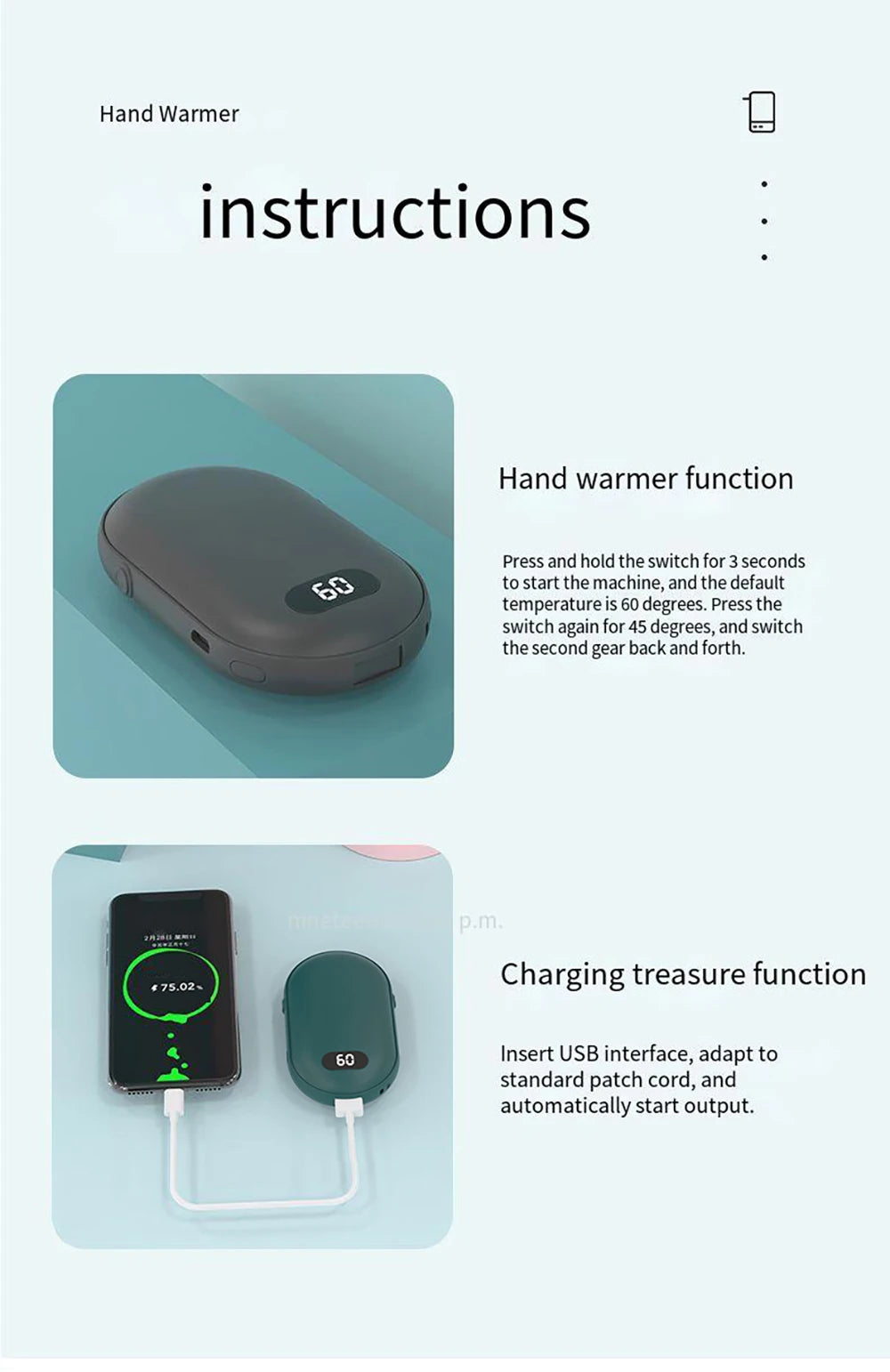 Double-sided heating with two temperature settings, this pocket hand warmer can be recharged