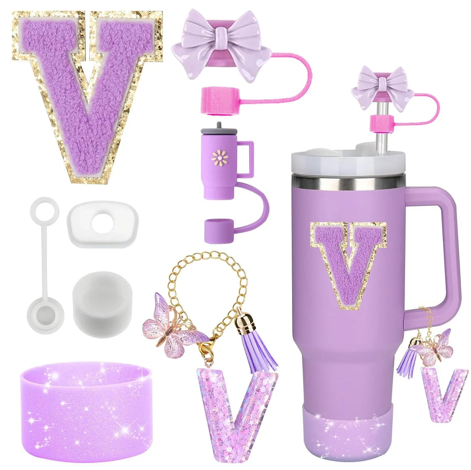 8PCS Accessories Set for Stanley Cup Purple 30oz 40oz tumbler Silicone Straw Topper Cover Cap Boot Handle Charm Initials Sticker