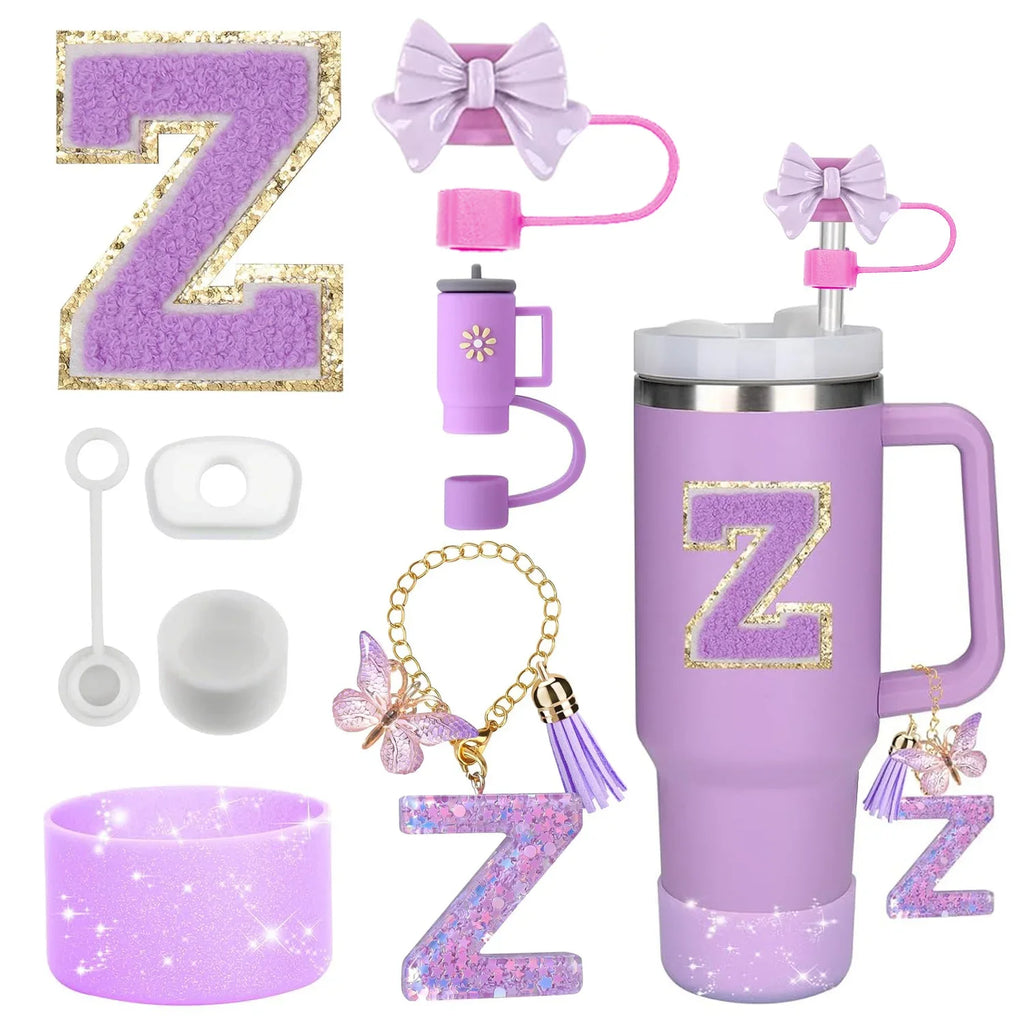 8PCS Accessories Set for Stanley Cup Purple 30oz 40oz tumbler Silicone Straw Topper Cover Cap Boot Handle Charm Initials Sticker