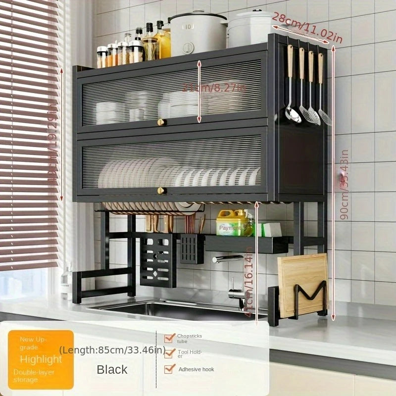 Dish Rack with Utensil Holder for Sink - Dustproof Carbon Steel Organizer for Plates/Bowls/Cutting Boards |   Space Kitchen