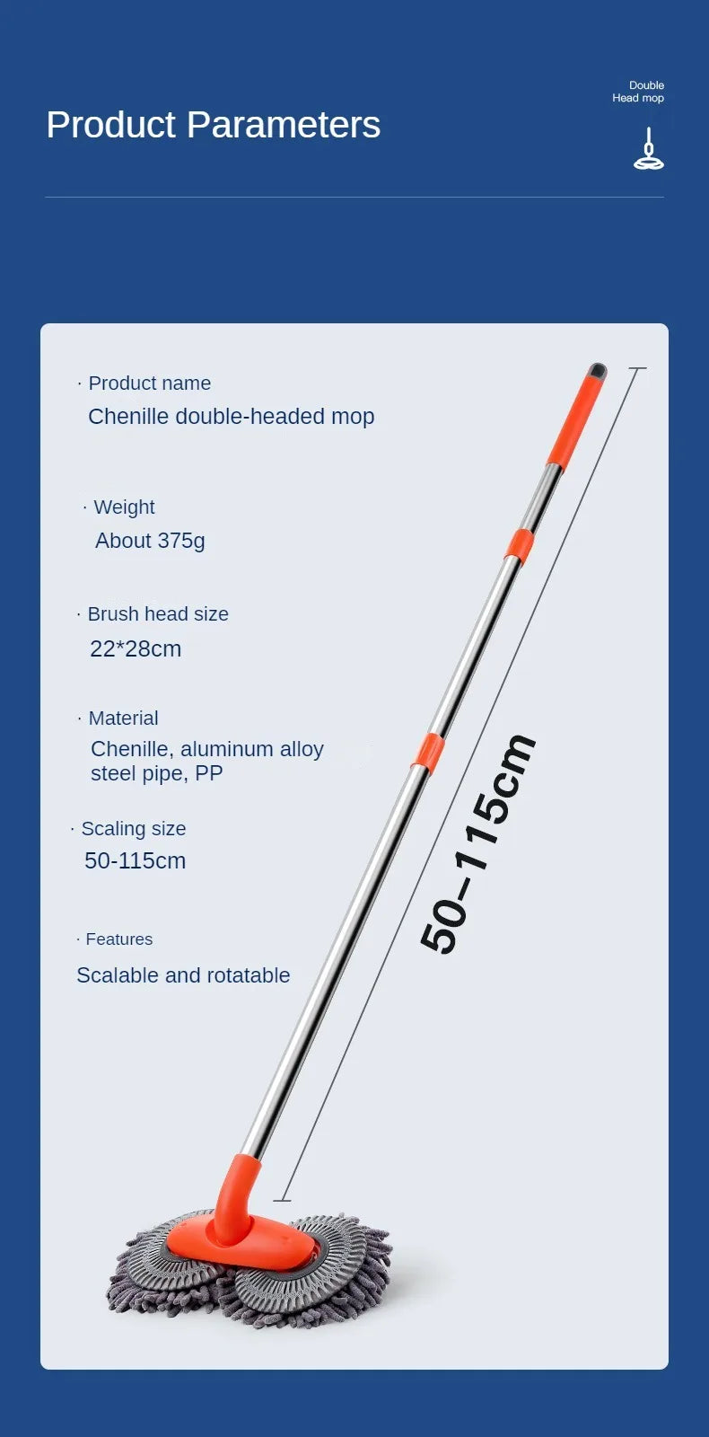 Telescopic Car Wash Mop with Foam Double Brush Head