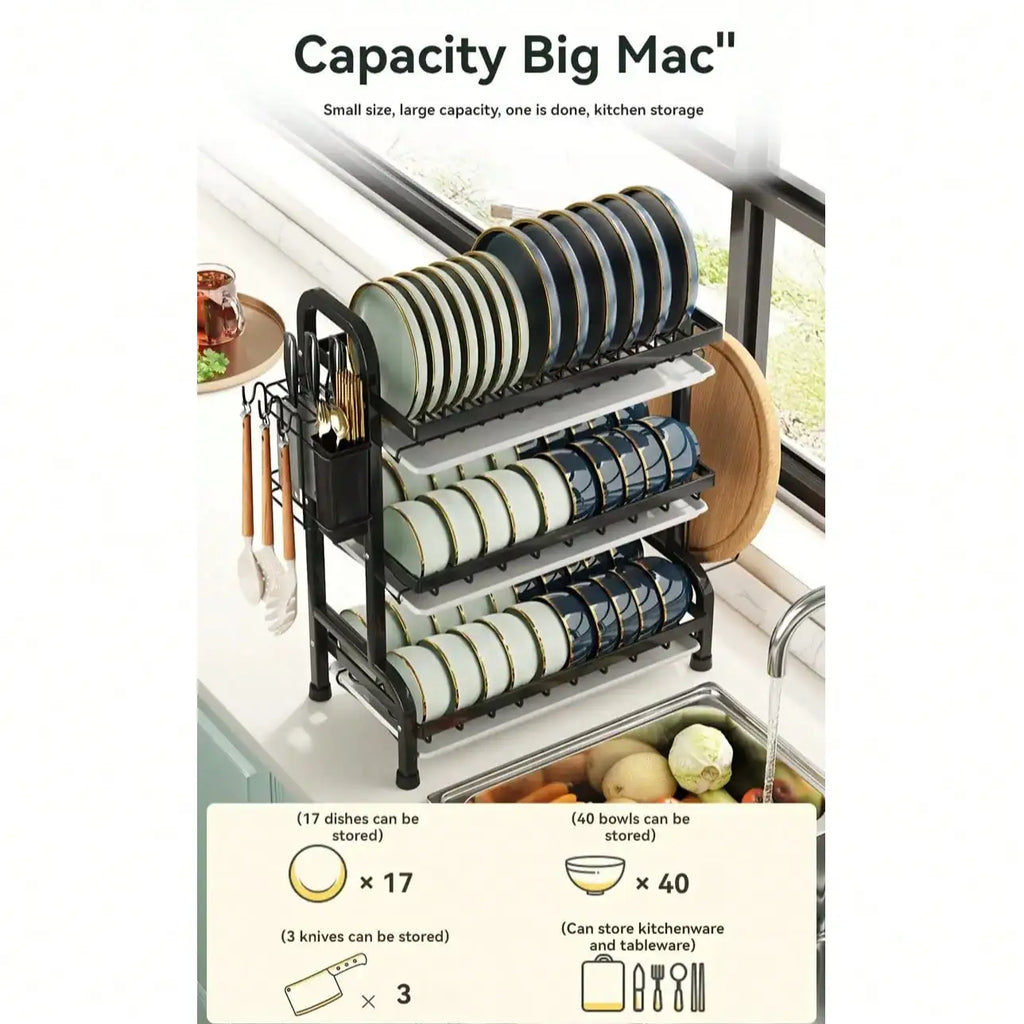 3-Tier Dish Drying Rack, Large Capacity Dish Drainer Rack With Removable Drain Tray, Kitchen Countertop Organizer For Plates Bow