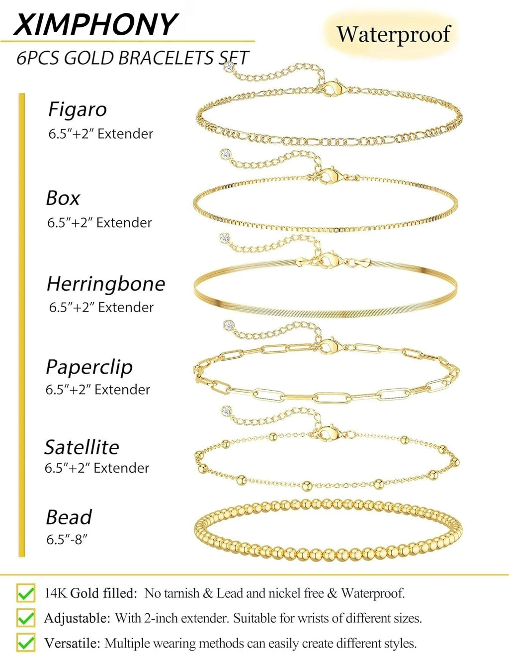 Gold Bracelets for Women Waterproof 14K Gold Plated Jewelry Set for Women Trendy ThinDainty Stackable Cuban Link Paperclip Chain