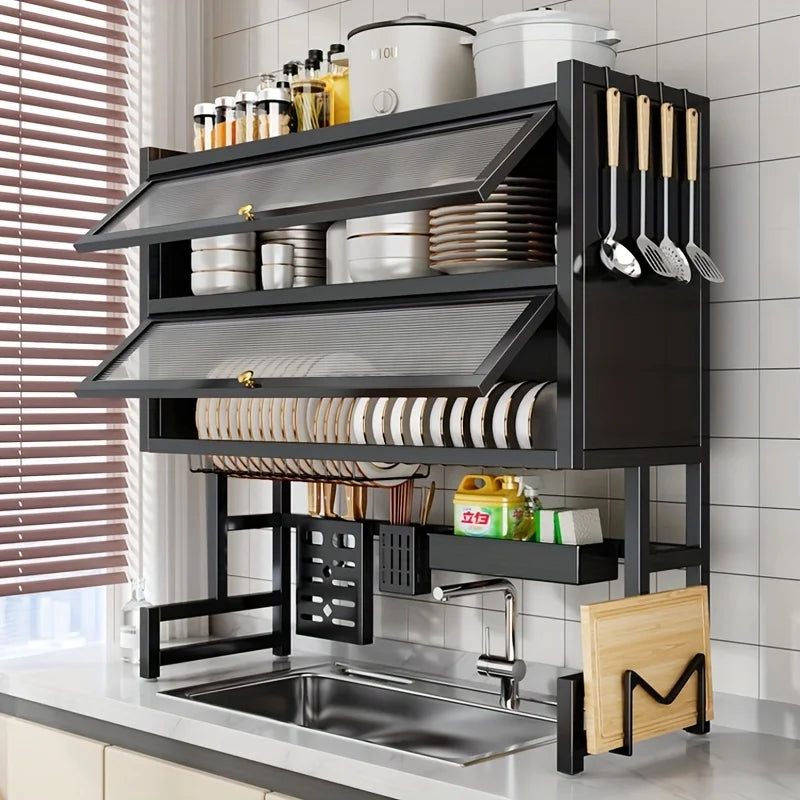 Dish Rack with Utensil Holder for Sink - Dustproof Carbon Steel Organizer for Plates/Bowls/Cutting Boards |   Space Kitchen
