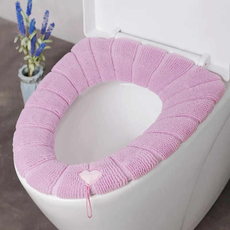 1 Pack Stitched Color Portable Knitted Toilet Mat Thickened Washable Antifreeze Toilet Cover Thickened Knitted O Type Universal