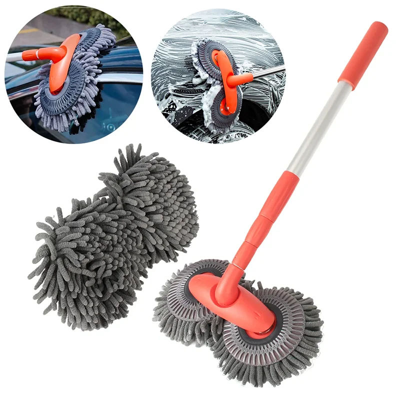 Telescopic Car Wash Mop with Foam Double Brush Head