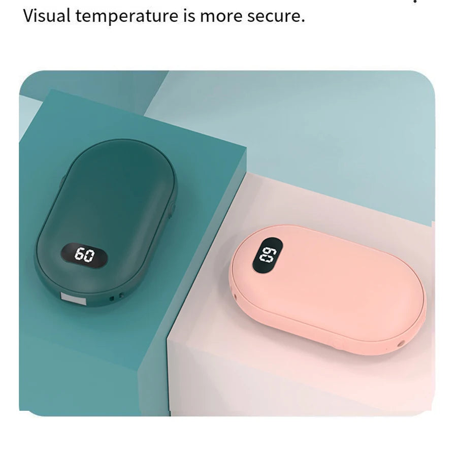 Double-sided heating with two temperature settings, this pocket hand warmer can be recharged
