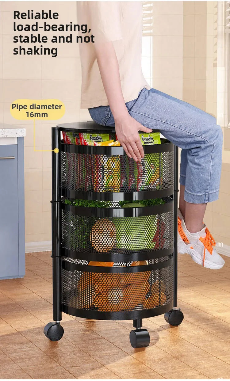 Kitchen Organizer Trolley Cart Rolling Foldable Portable Storage Multi Tier Round Fruit Vegetable Shelf No Assembly Furniture
