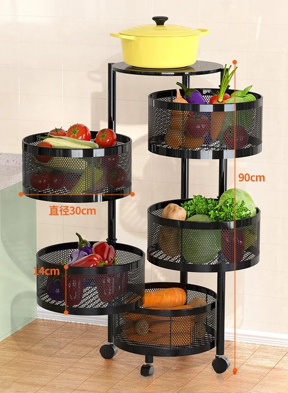Kitchen Organizer Trolley Cart Rolling Foldable Portable Storage Multi Tier Round Fruit Vegetable Shelf No Assembly Furniture