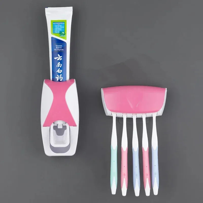 1 set of easy-to-use toothbrush holder with automatic toothpaste dispenser, wall mounted toothbrush storage rack, and bathroom