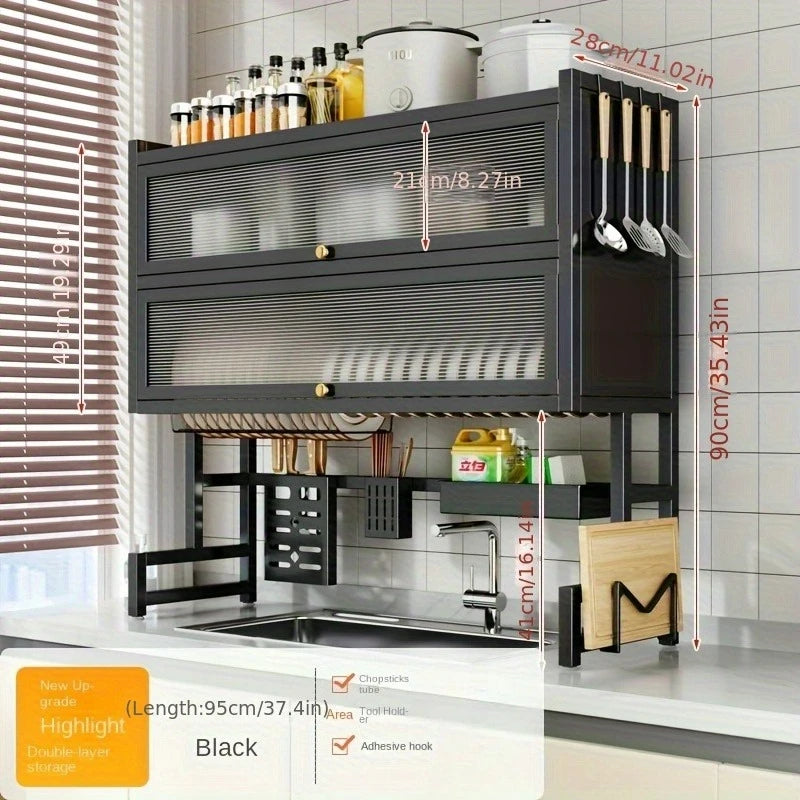 Dish Rack with Utensil Holder for Sink - Dustproof Carbon Steel Organizer for Plates/Bowls/Cutting Boards |   Space Kitchen