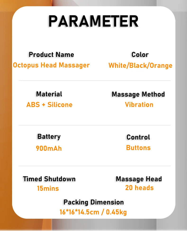Orange Octopus Head Massager, 10/20 Independent Massage Heads, Wireless Vibration Scalp Scratcher for Daily Relaxation