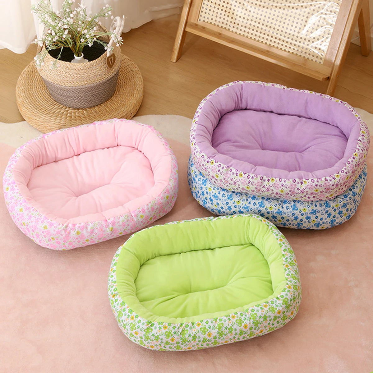 Floral All Season Dog Bed for French Bulldog Chihuahua Soft Cat Bed for Dogs Sleeping Puppy Pad Sofa Dog Bed Four Color Pet Pad