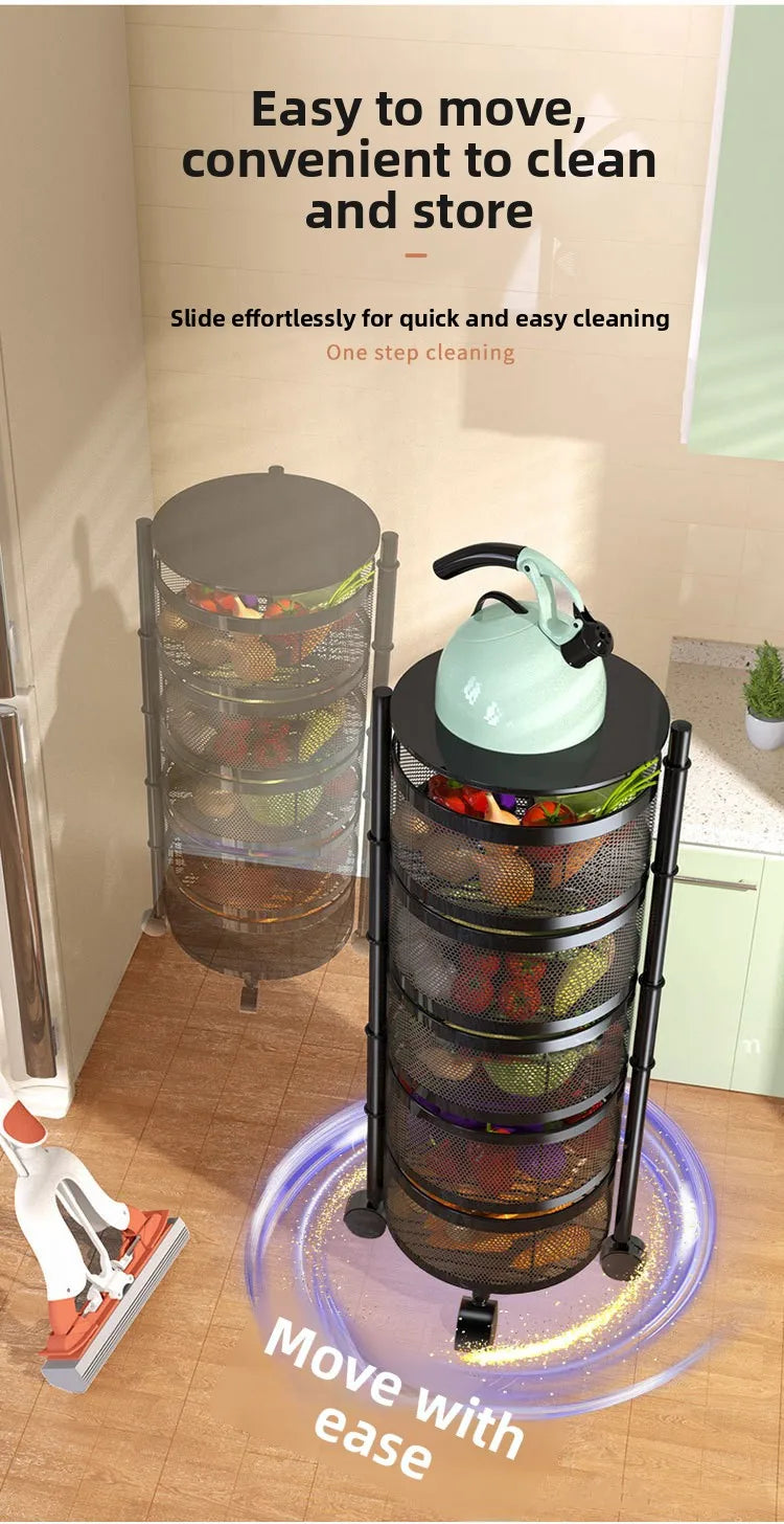 Kitchen Organizer Trolley Cart Rolling Foldable Portable Storage Multi Tier Round Fruit Vegetable Shelf No Assembly Furniture