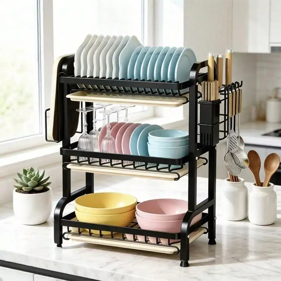 3-Tier Dish Drying Rack, Large Capacity Dish Drainer Rack With Removable Drain Tray, Kitchen Countertop Organizer For Plates Bow