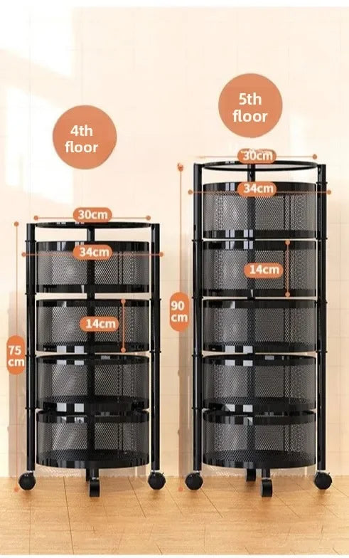 Kitchen Organizer Trolley Cart Rolling Foldable Portable Storage Multi Tier Round Fruit Vegetable Shelf No Assembly Furniture