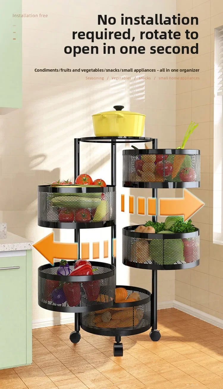 Kitchen Organizer Trolley Cart Rolling Foldable Portable Storage Multi Tier Round Fruit Vegetable Shelf No Assembly Furniture