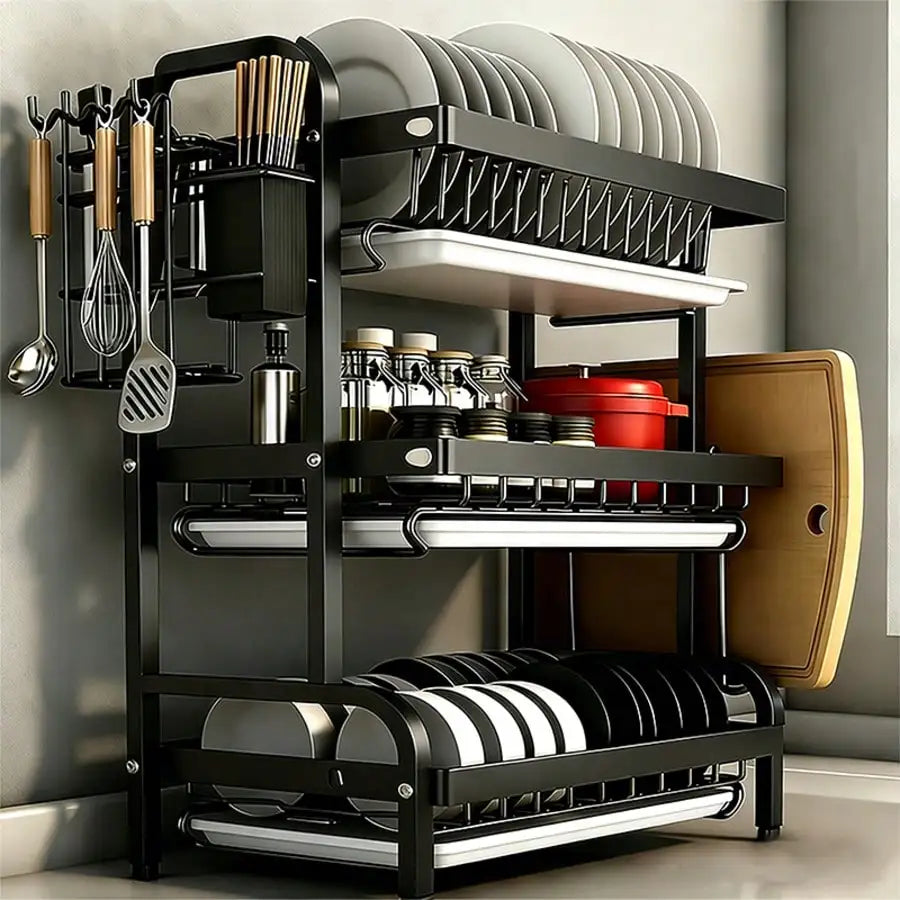 3-Tier Dish Drying Rack, Large Capacity Dish Drainer Rack With Removable Drain Tray, Kitchen Countertop Organizer For Plates Bow